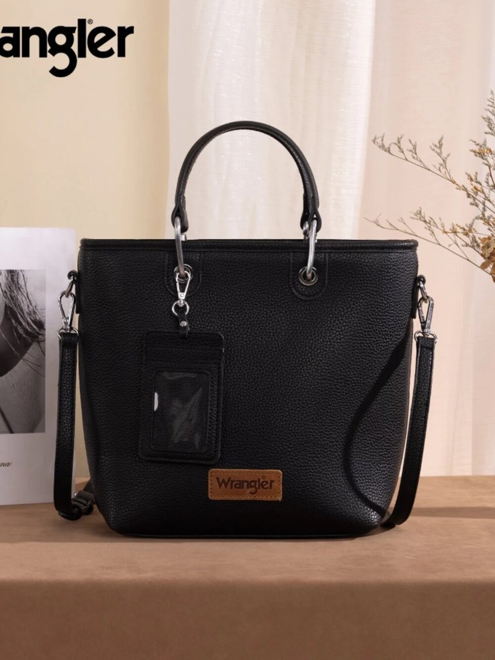 Wrangler Top Handle Tote/Crossbody Detachable Key Ring Card Holder - Black